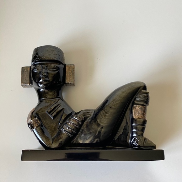 CHACMOOL Mesoamerican Obsidian Sculpture Gold Sheen and Applied Silver Detail - Picture 5 of 10